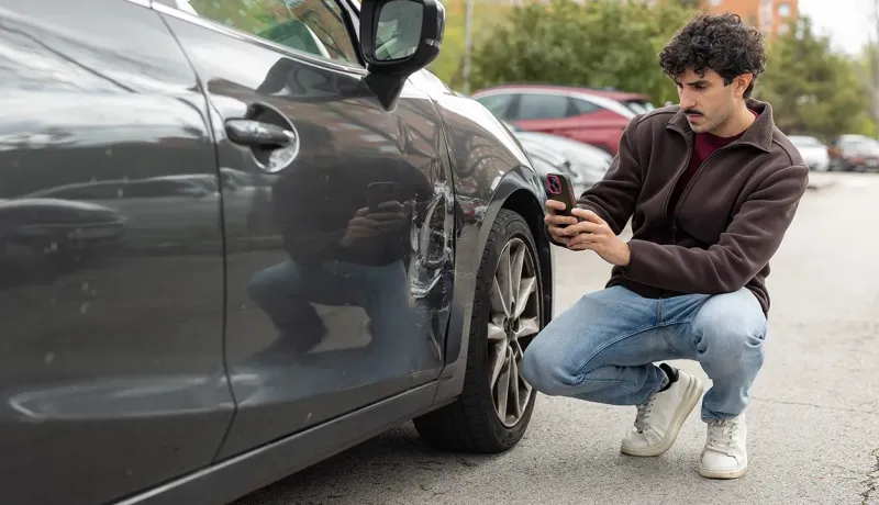 Homme accroupi examinant l'état d'une voiture de fonction
