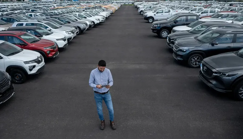 Homme consultant une tablette au milieu d'un parking rempli de véhicules alignés