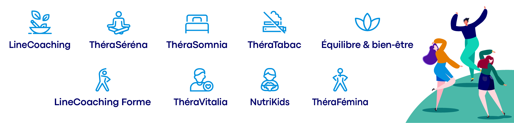Liste de programmes de coaching santé en ligne illustrés par des icônes.
